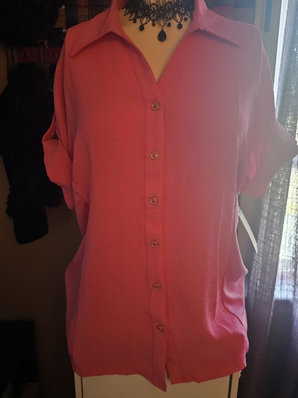 Ashley Blue Coral-Pink Button Front Collared Shirt